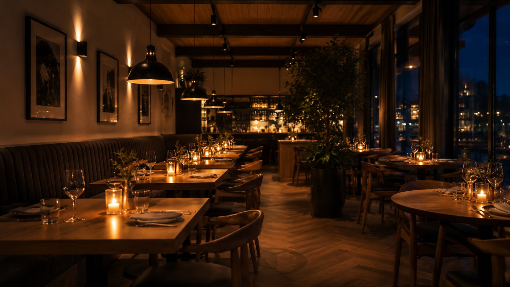 Restaurangens matsal i kvällsljus